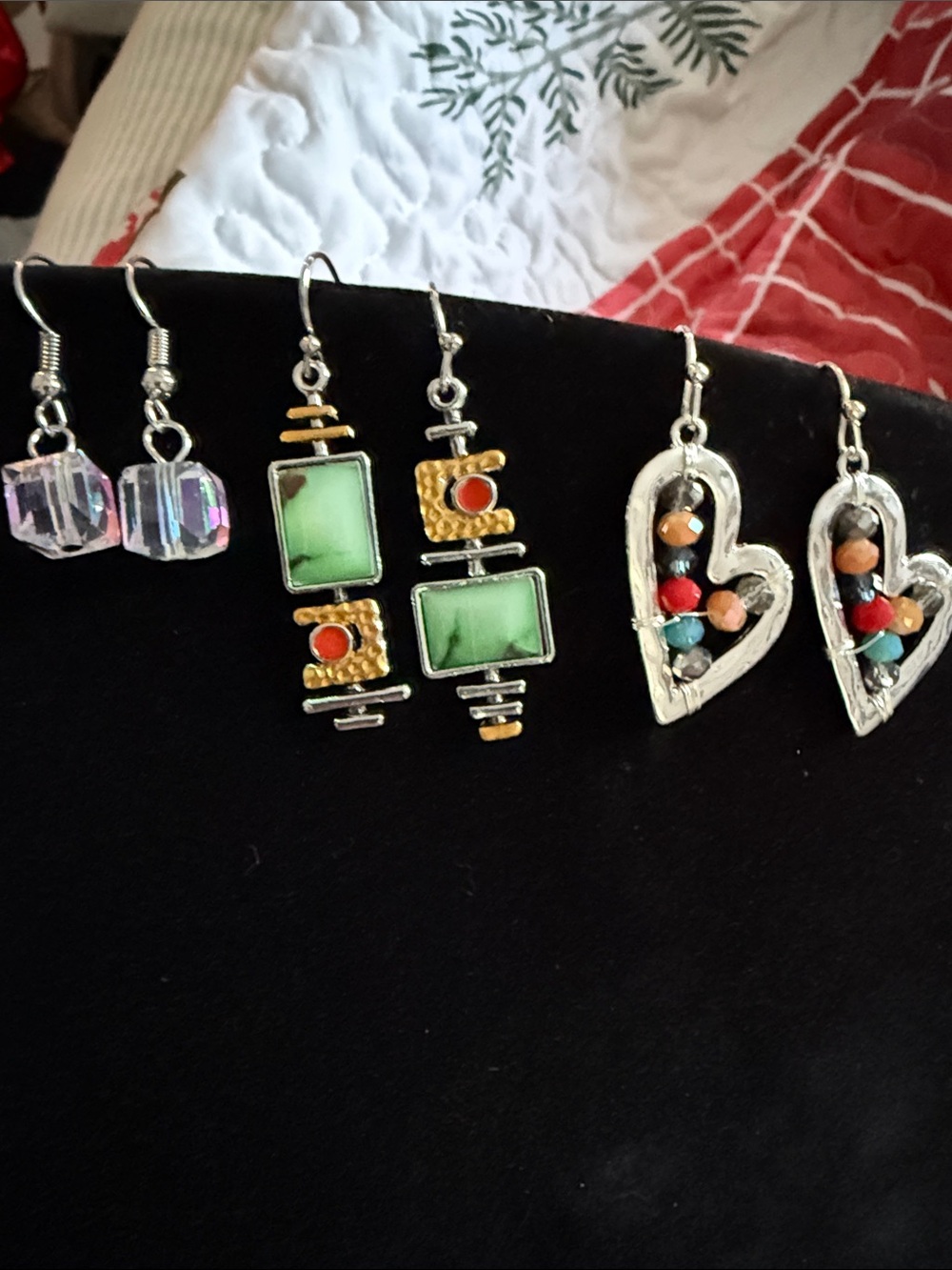 New Women’s Set of 3 Earrings Crystal squares 1”, hearts 1.5” & squares 1 3/4”